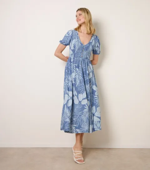 Blue Tropical Shirred Midi Dress