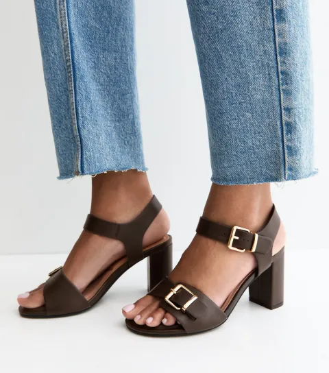 Wide Fit Dark Brown Double Buckle Block Heel Sandals Vegan