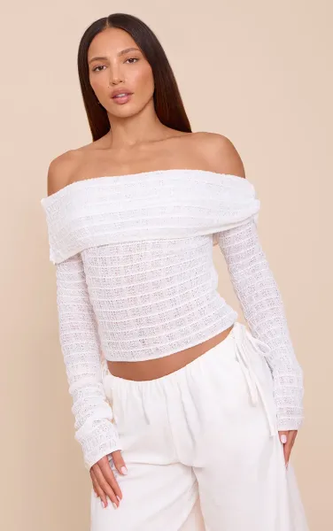 Tall White Bardot Textured Knit Top
