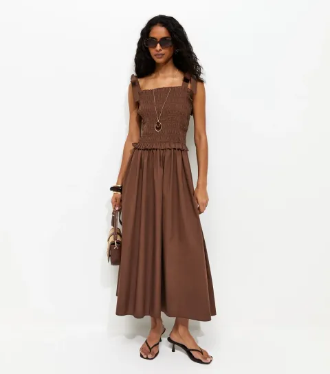 Dark Brown Cotton Shirred Tie Strap Midi Dress