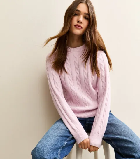 Light Pink Cable Knit Crew Neck Jumper