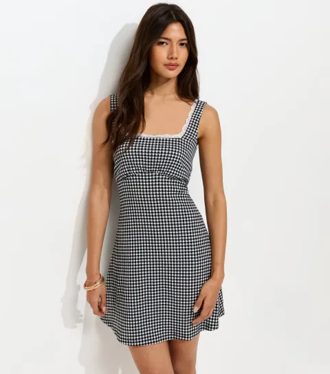 Black Gingham Print Lace Trim Square Neck Mini Dress