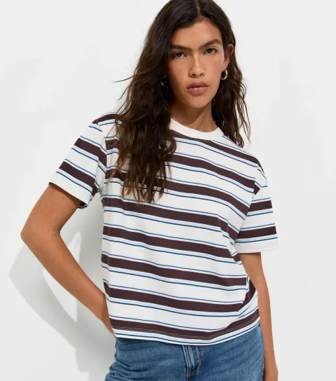 Brown Cotton Striped Boxy Fit T-Shirt