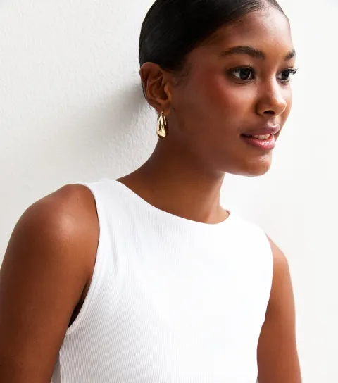White Ribbed Slash Neck Vest Top