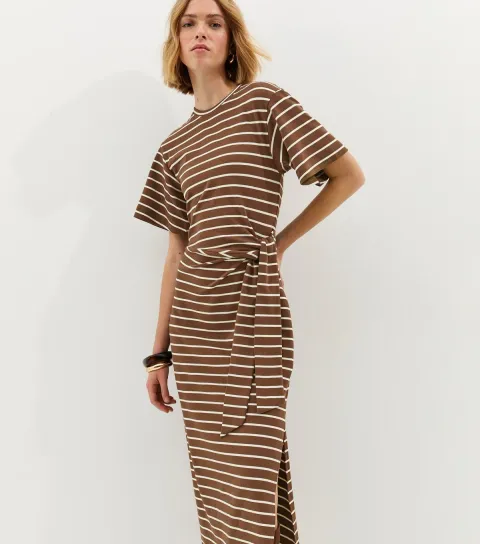 Brown Stripe Tie Waist Midi Dress