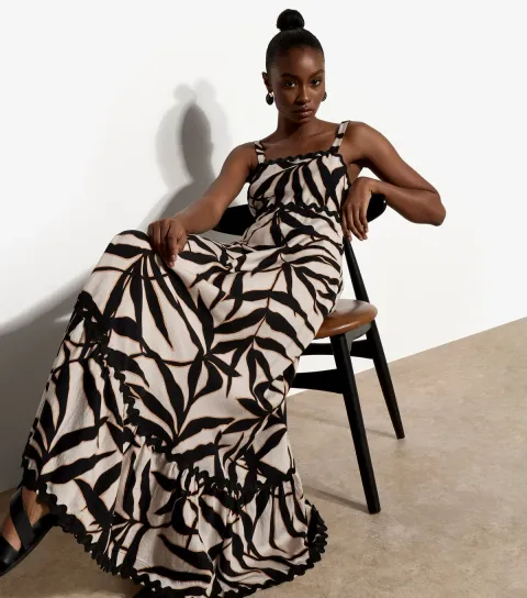 Stone Leaf Print Square Neck Maxi Dress