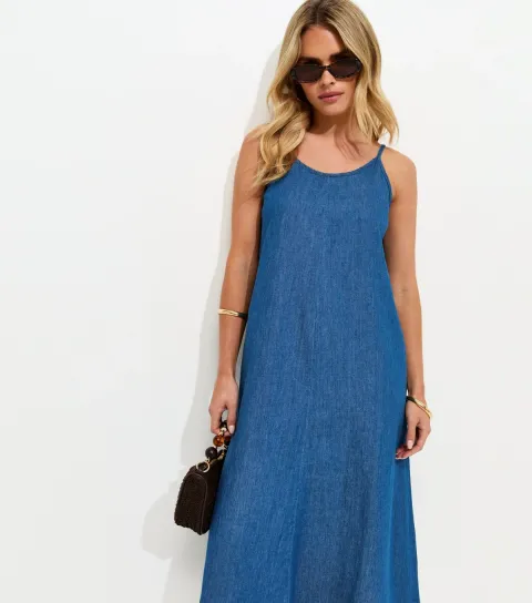 Petite Blue Denim Smock Midi Dress