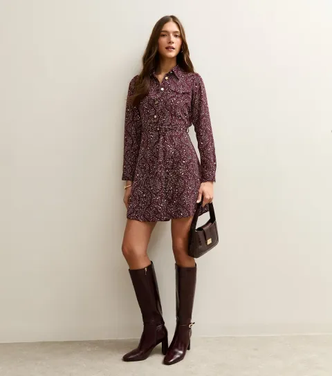 Dark Red Speckled Mini Shirt Dress