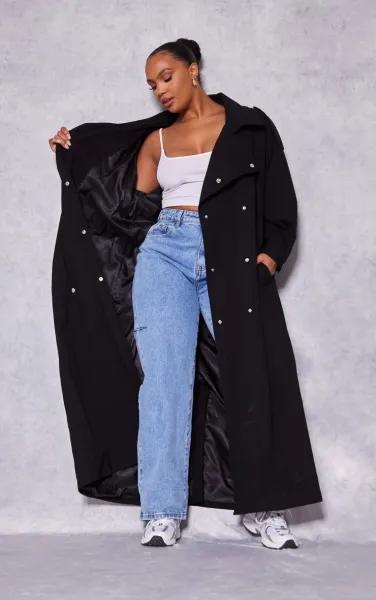 Plus Black Popper Detail Trench Coat