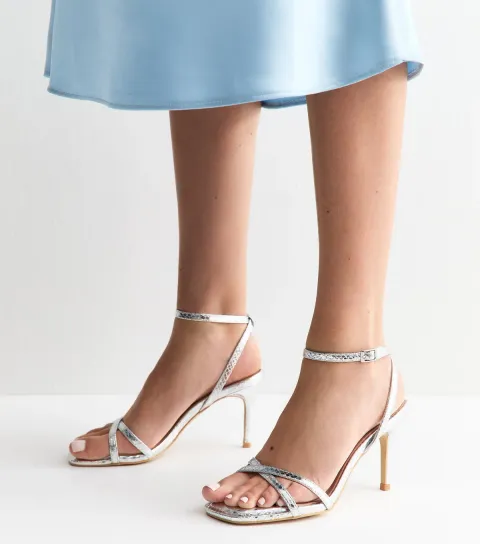 Silver Faux Leather Snake Embossed Strappy Stiletto Sandals Vegan