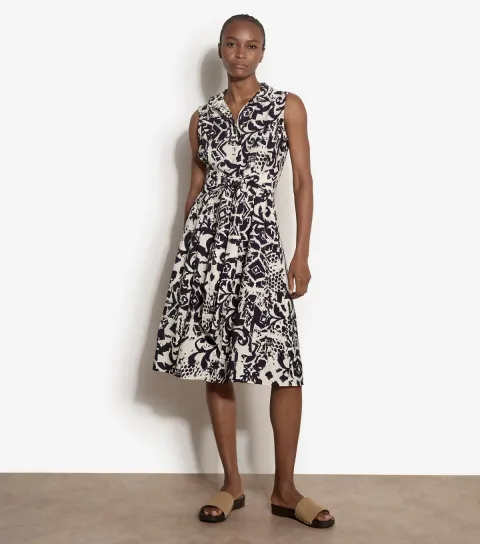 Navy Tile Print Tie Front Shirt Dress