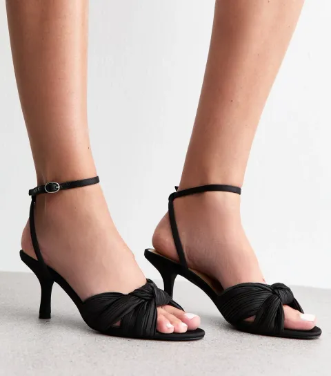 Black Satin Twisted Ankle Strap Stiletto Heel Vegan