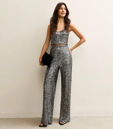 Gunmetal Sequin Wide Leg Trousers
