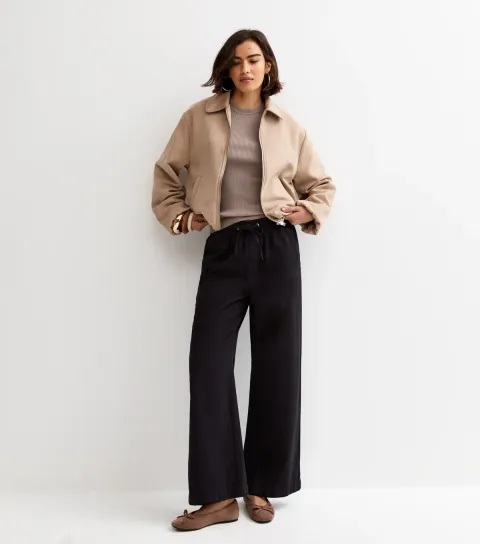 Black Cotton Twill Drawstring Wide Leg Trousers