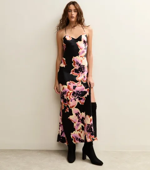 Black Floral Print Low Back Midi Dress