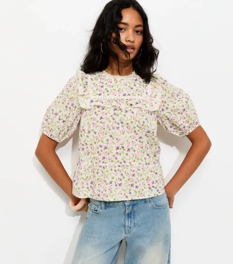 Cream Floral Lace Yoke Puff Sleeve Blouse
