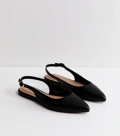 Black Faux Leather Slingback Flat Pumps Vegan
