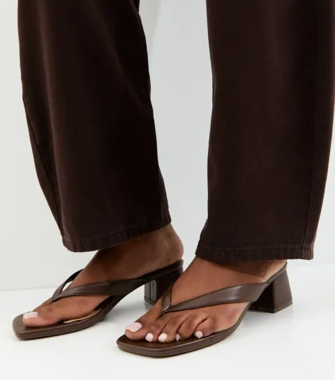 Dark Brown Faux Leather Toe Post Block Heel Sandals Vegan