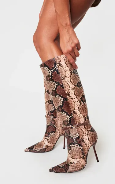 Snake PU Point Toe Knee High Stiletto Heeled Boots