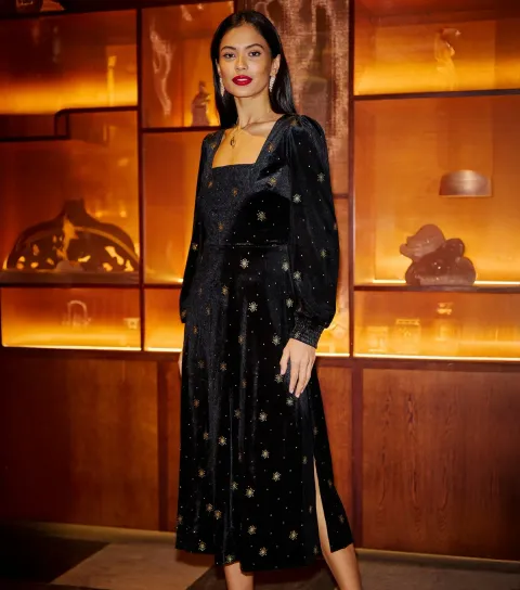 Velvet Black Gold Foil Midi Dress