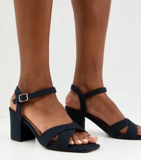 Wide Fit Navy Block Heel Cross Strap Sandals Vegan