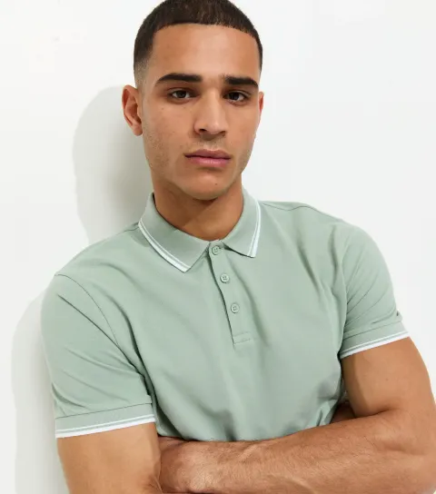 Light Green Regular Contrast Tipping Pique Polo Top