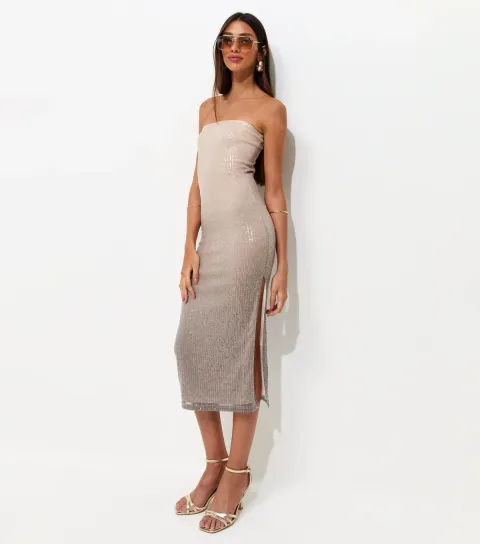 Mink Sequinned Bandeau Midi Dress