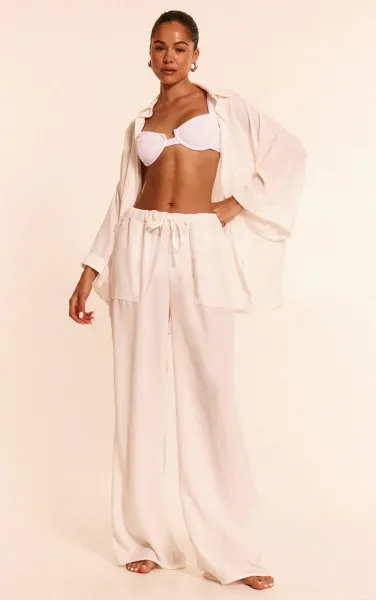 White Linen Look Drawstring Straight Leg Beach Trousers