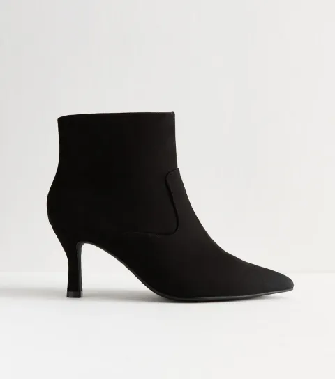 Wide Fit Black Faux Suede Stiletto Heel Ankle Boots Vegan