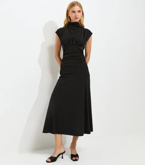 Black High Neck Ruched Waist Midi Dress