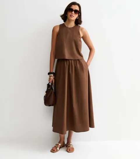 Dark Brown Layered Sleeveless Midi Dress