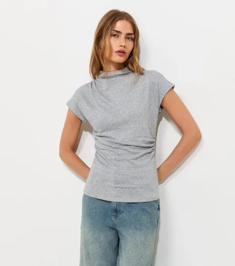 Light Grey Soft Touch Draped High Neck T-Shirt