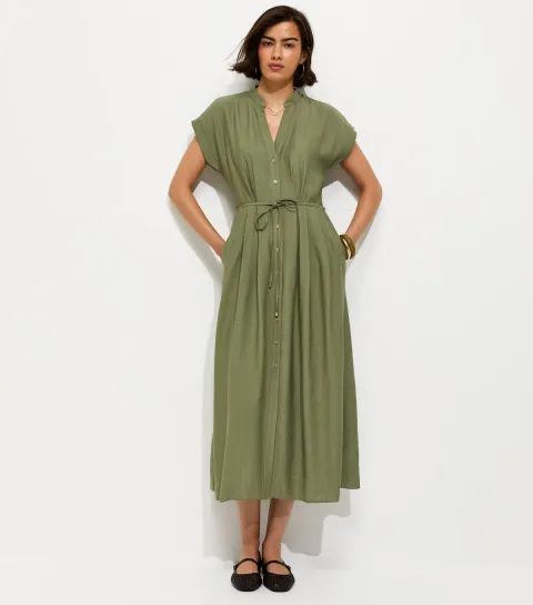 Khaki Toggle Shirt Midi Dress