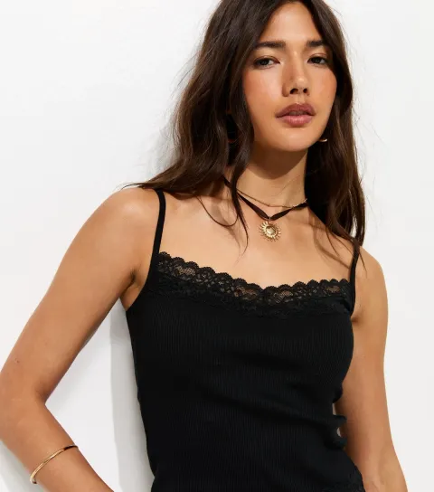 Black Cotton Rich Lace Trim Cami Top