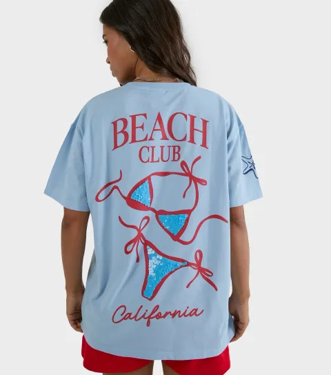 Light Blue Cotton Beach Club Oversized T-Shirt