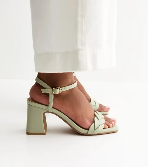 Light Green Faux Leather Braided Block Heel Sandals Vegan