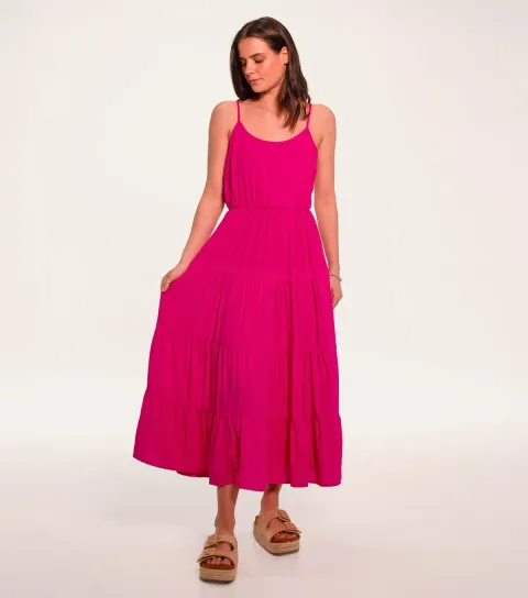 Bright Pink Tiered Cami Midi Dress