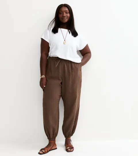 Plus Size Dark Brown Drawstring Waist Cuffed Joggers Curves