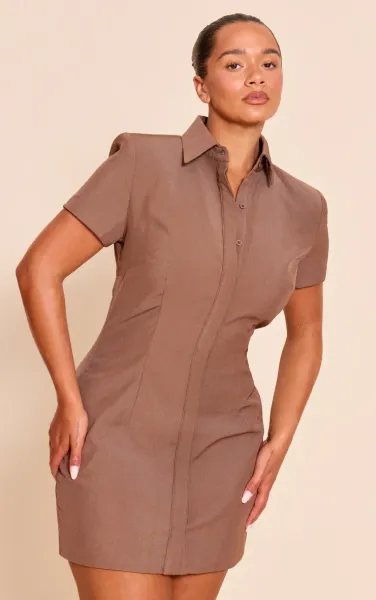 Shape Chocolate Woven Short Sleeve Button Up Blazer Dress
