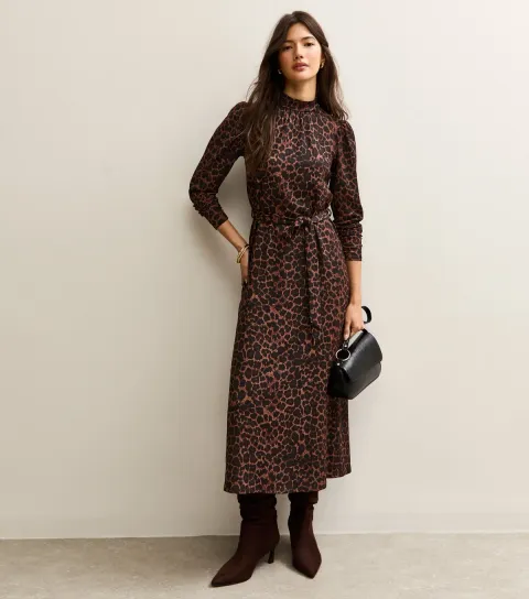 Brown Animal Print High Neck Midi Dress