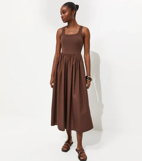 Dark Brown 2-In-1 Poplin Midi Dress