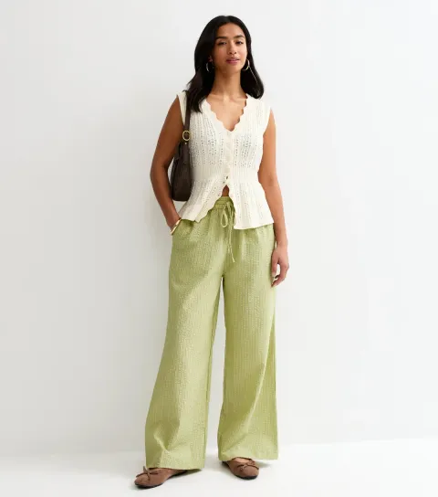 Petite Green Seersucker Striped Wide Leg Trousers