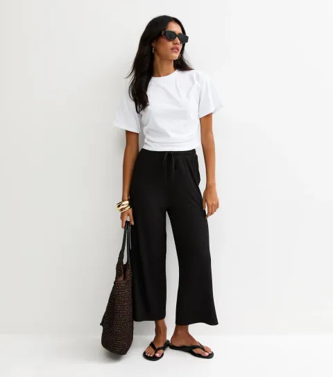 Black Ribbed Cropped Wide Leg Trousers