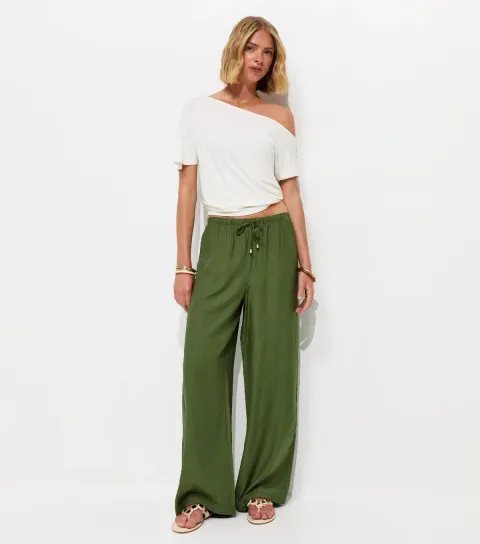 Light Khaki Crinkle Wide Leg Trousers