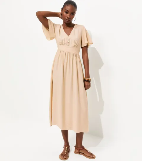 Cream Frill Sleeve V Neck Midi Dress