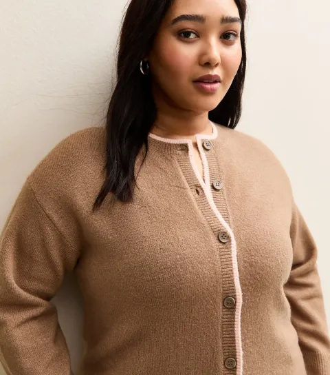 Plus Size Brown Contrast Tipping Cardigan Curves