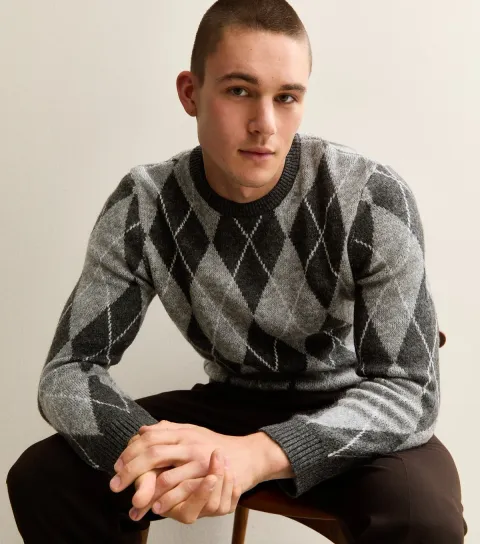 Grey Argyle Knit Crew Neck Jumper
