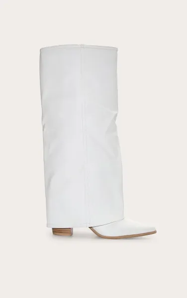 Wide Fit White Pu Fold Over Knee High Block Heel Western Boots