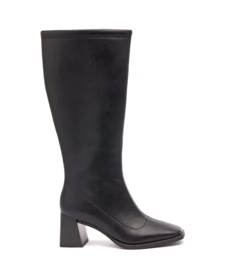 Black Faux Leather Block Heel Knee High Boots