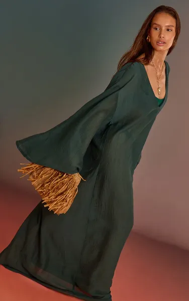 Sea Green Linen Look Oversized V Neck Maxi Beach Dress